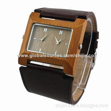 Fashion wooden watch with square case/genuine leather strap, Japan quartz movement, made in China